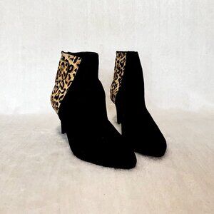 Cole Haan Black Leather Ocelot Print Ankle Heeled Boots Size 8